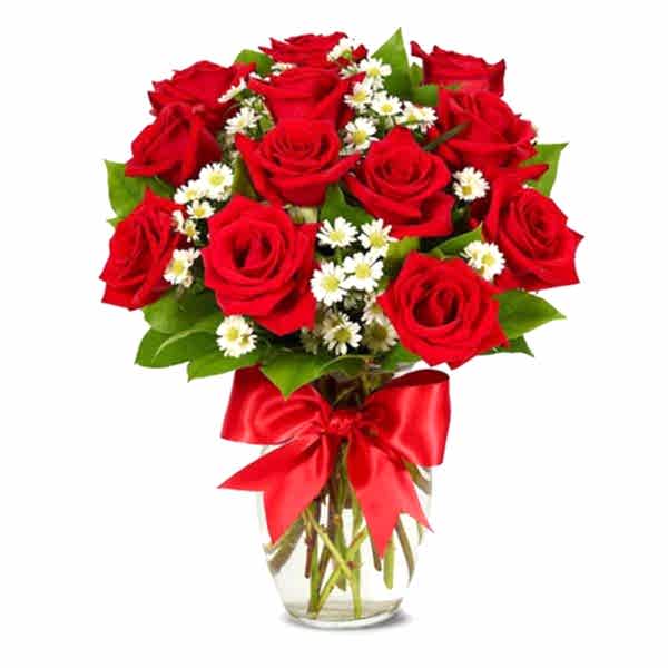  Antalya Çiçekçiler - Vazoda 12 Kırmızı Gül ve Papatyalar