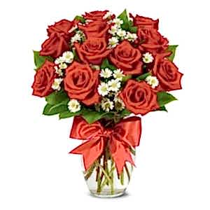  Antalya Çiçekçiler - Vazoda 12 Kırmızı Gül ve Papatyalar